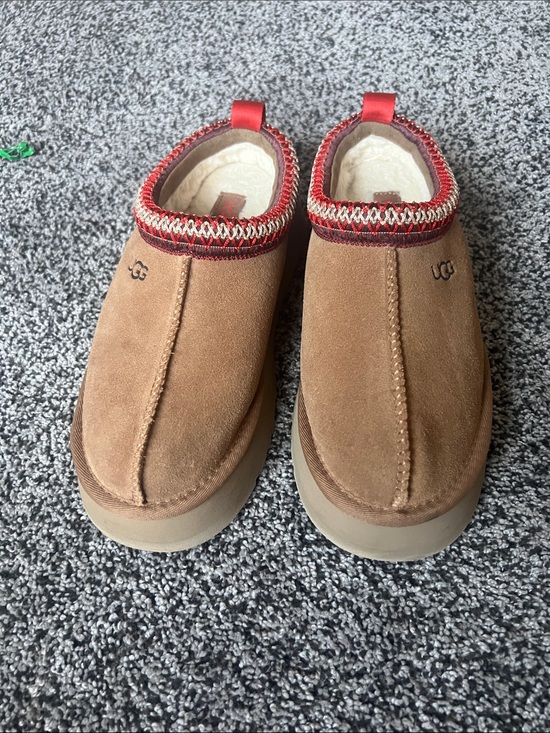UGG Shoes - UGG womens Chestnut Suede Slip-On Loafers with Red Trim